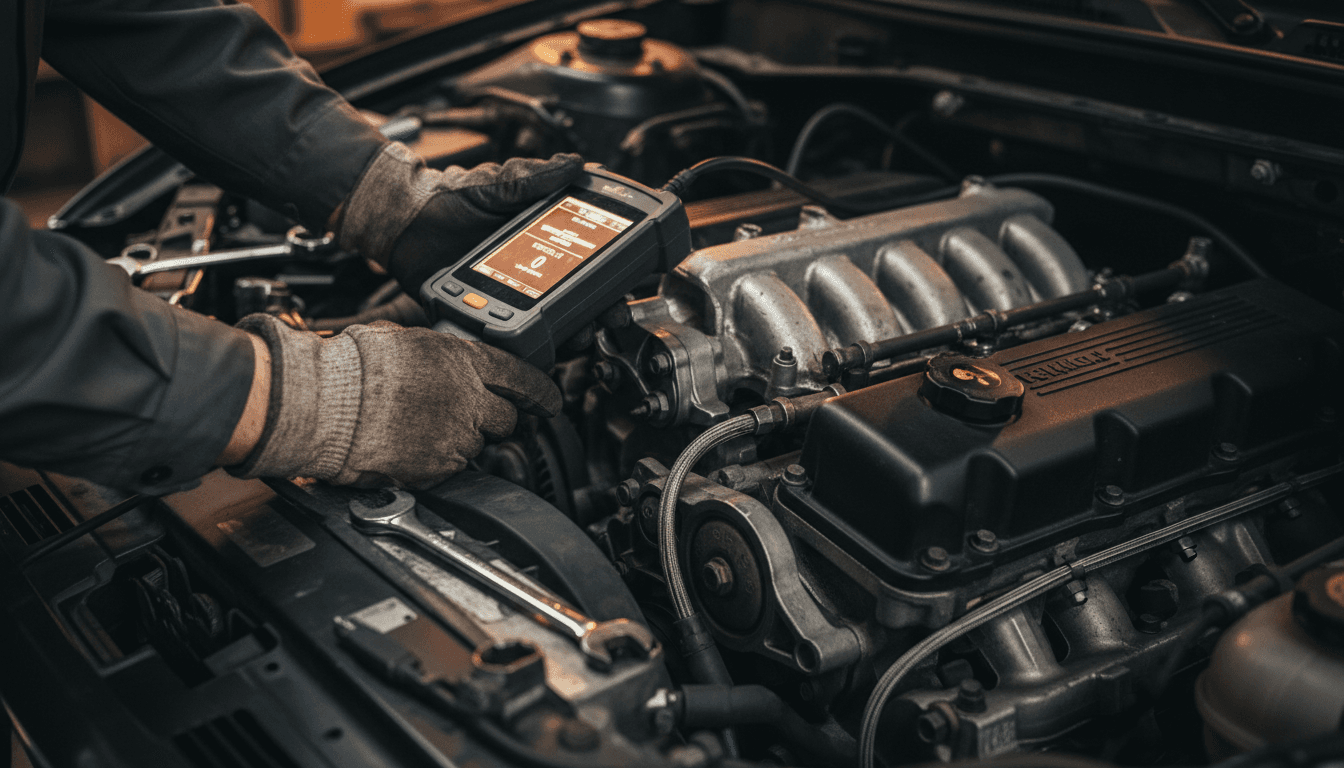 Mechanic performing vehicle diagnostic scan in repair bay