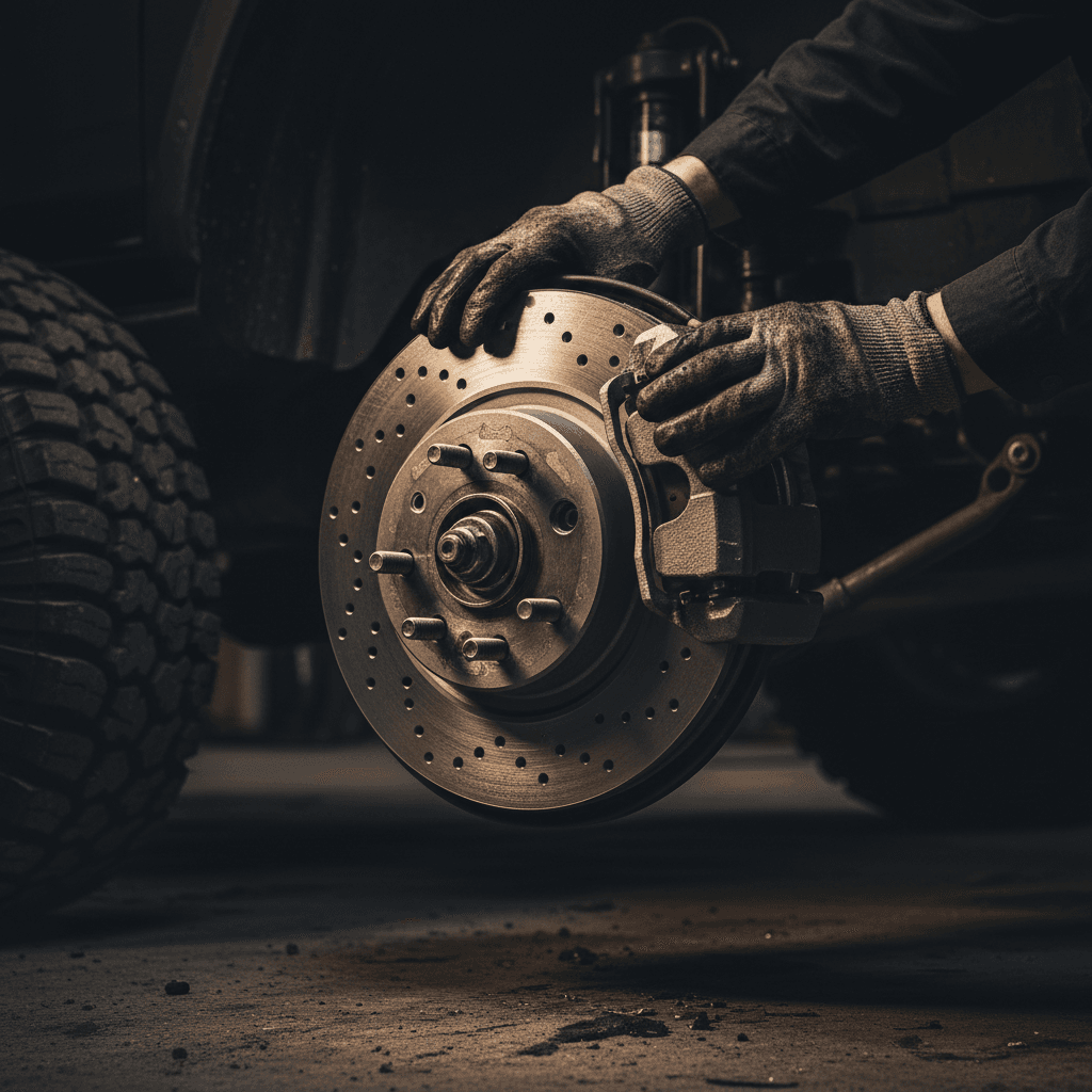 Close-up of brake rotor and caliper inspection