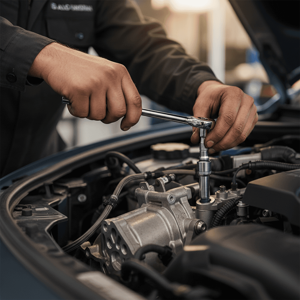 Technician's hands installing replacement automotive part with precision tools in vehicle engine bay