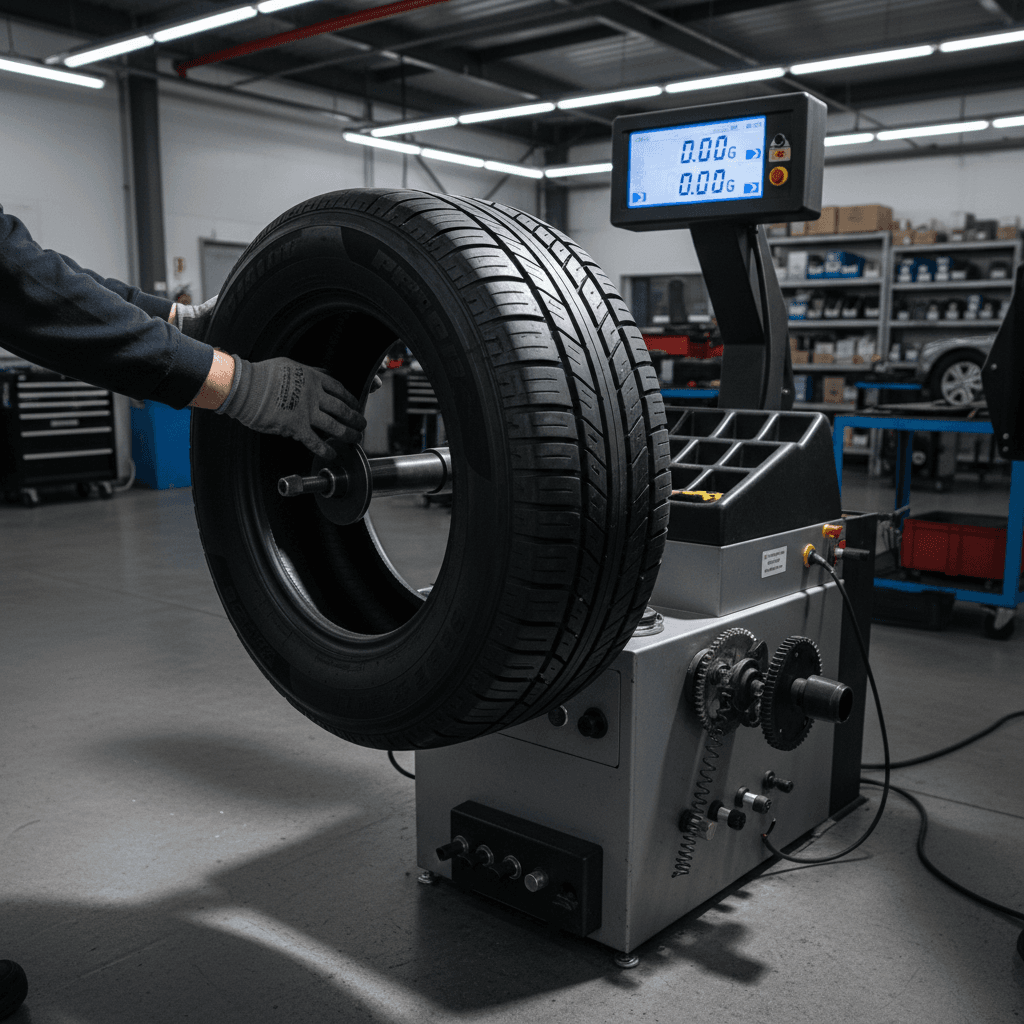 Technician balancing vehicle tire on professional diagnostic machine during routine maintenance service
